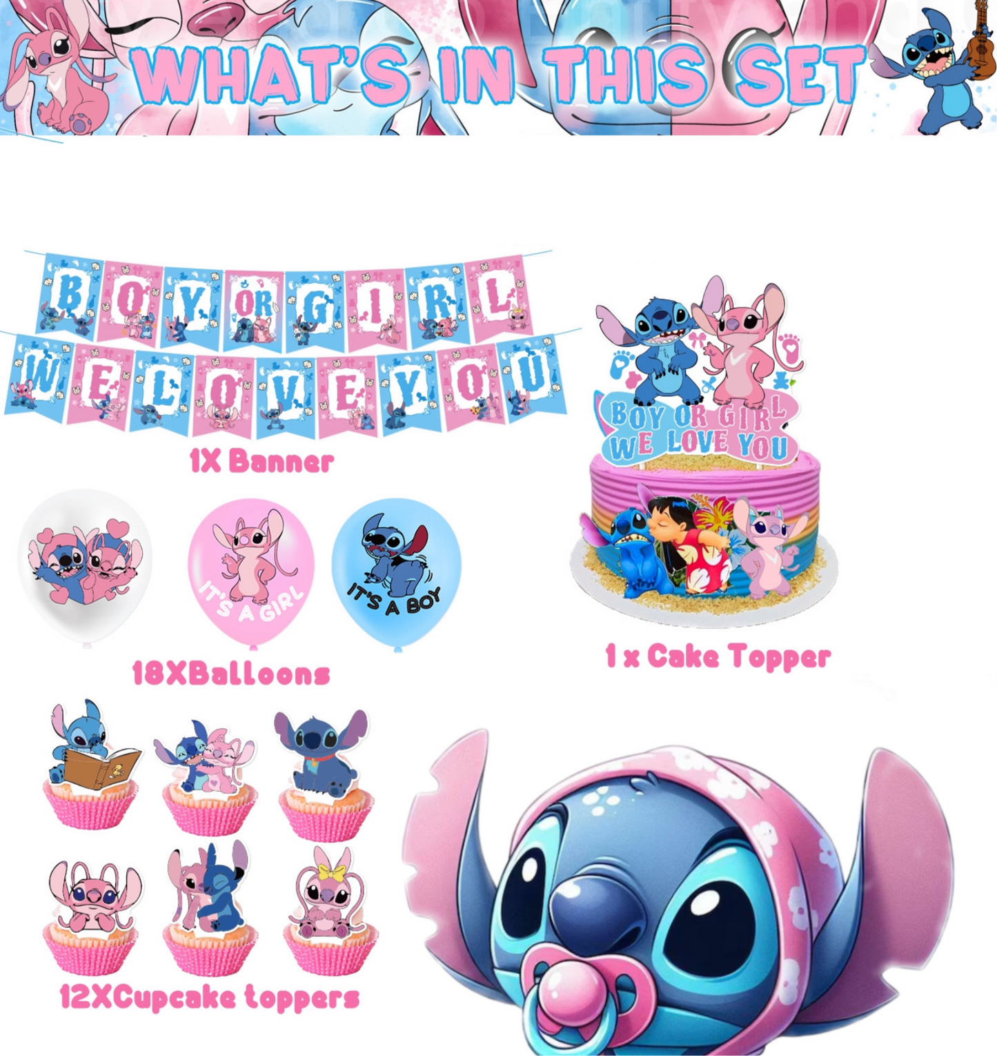 Stitch Gender reveal party decorations set