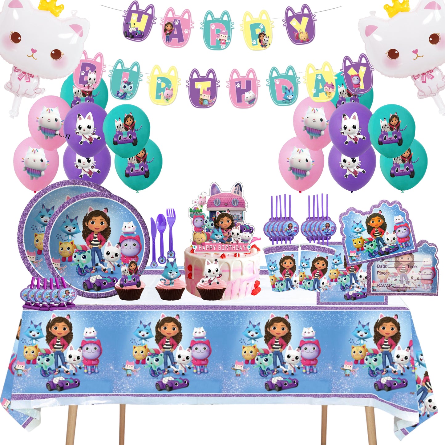 Gabby’s dollhouse purple party decorations set-table decor