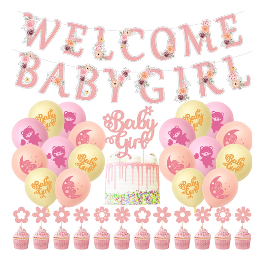 Welcome baby girl party decorations set