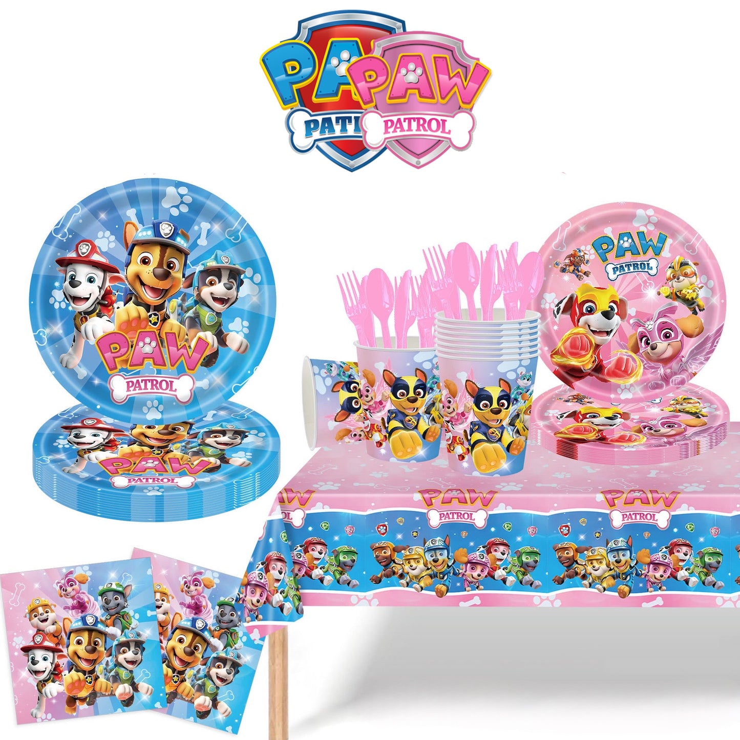 Paw Patrol blue-pink party decorations set-table decor