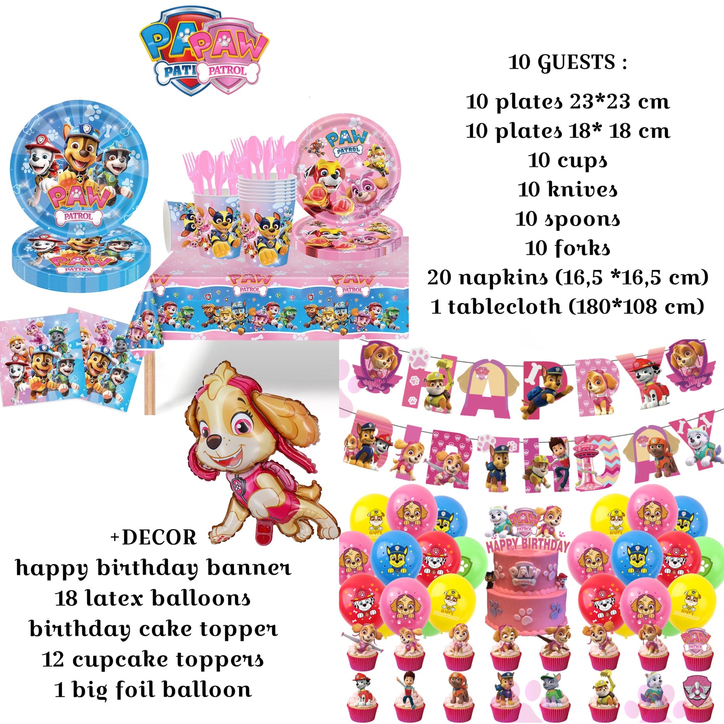 Paw Patrol blue-pink party decorations set-table decor