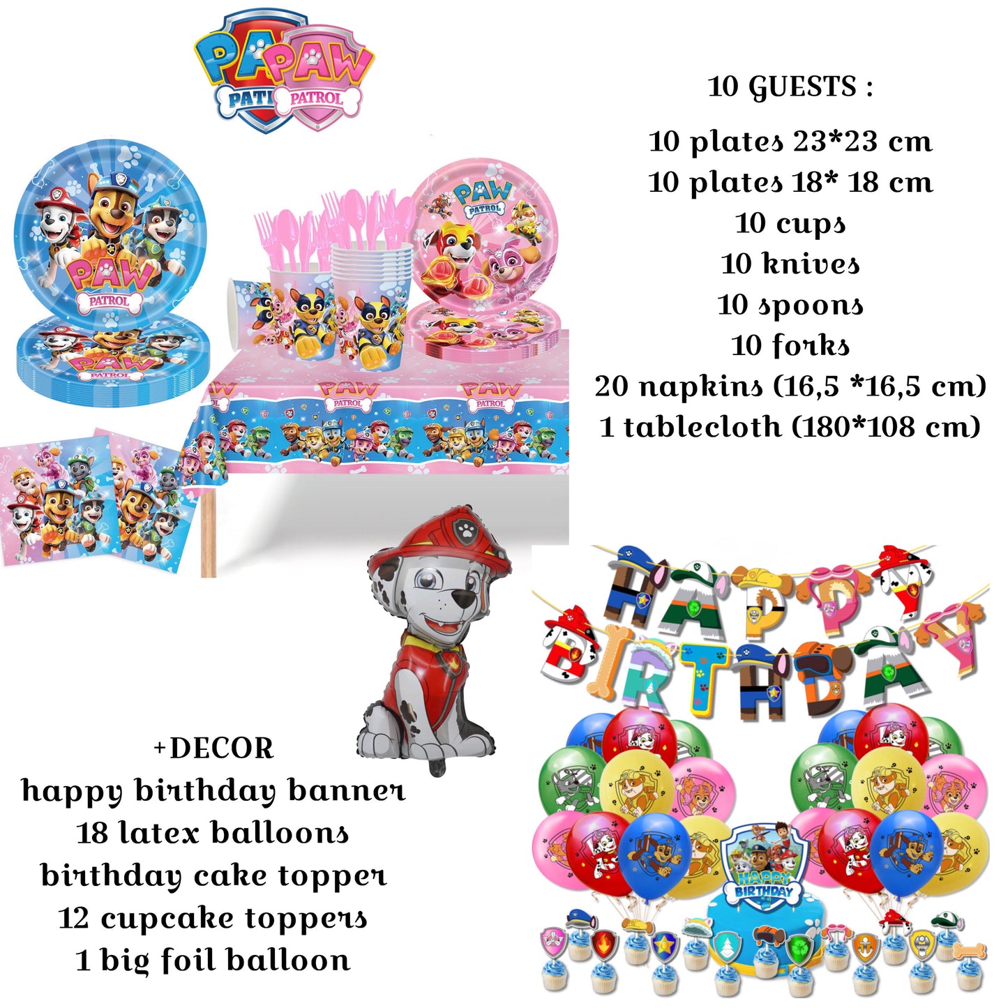 Paw Patrol blue-pink party decorations set-table decor