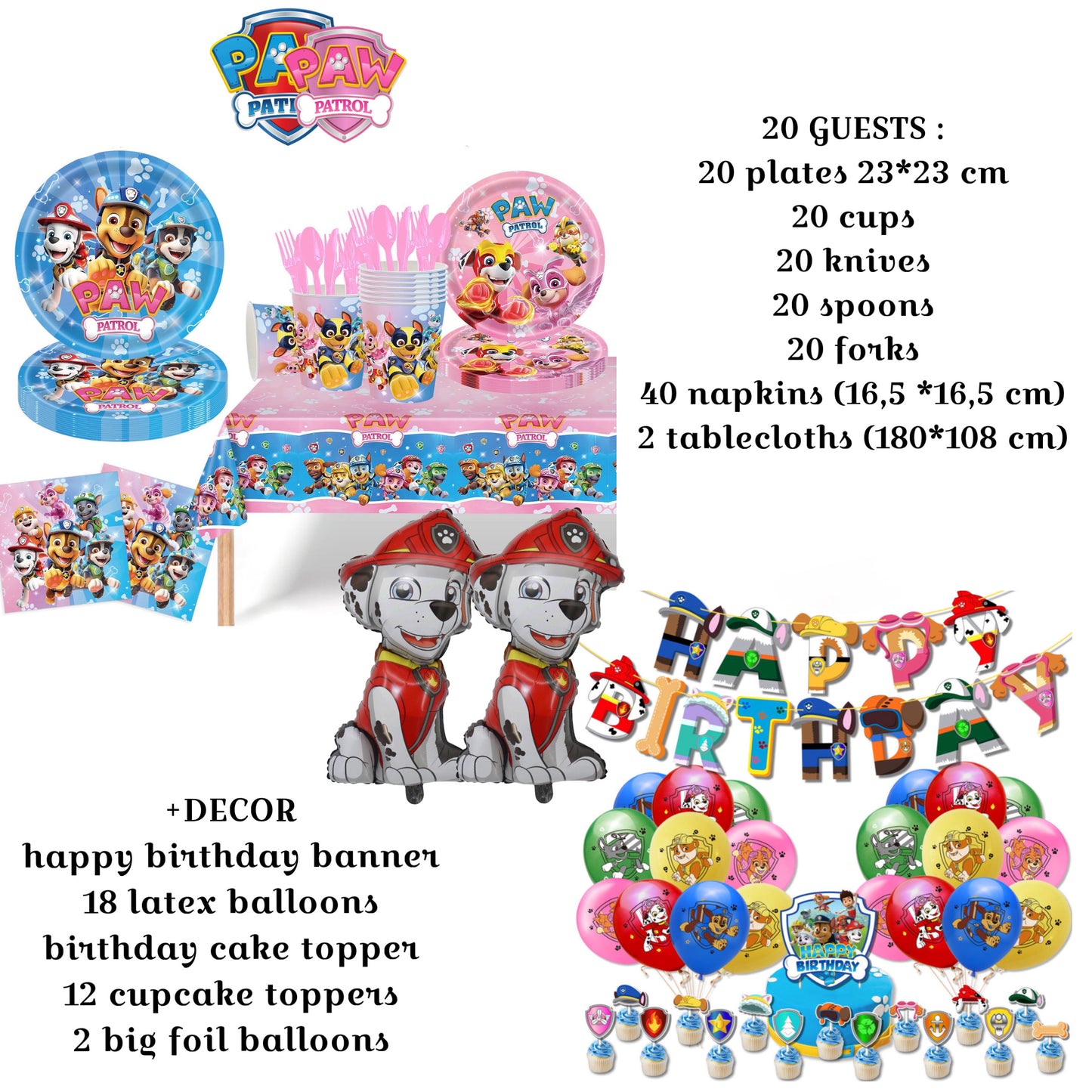 Paw Patrol blue-pink party decorations set-table decor