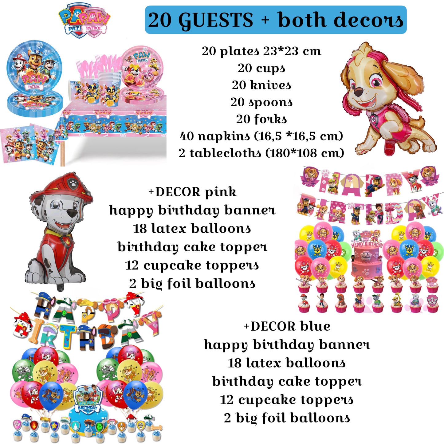 Paw Patrol blue-pink party decorations set-table decor